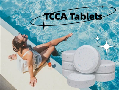 Daudzfunkcionāla tīrīšanas tablete trihlorizocianūrskābe TCCA tiek izmantota peldbaseina ūdens attīrīšanas dezinfekcijai